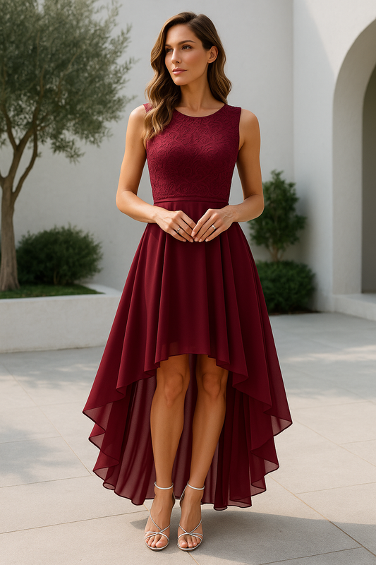 Heather | Women’s Elegant High Low Dress With Rounded Neckline