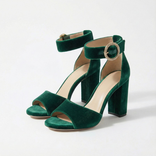Velvet Block Heel Sandal for Women | Lea Emerald