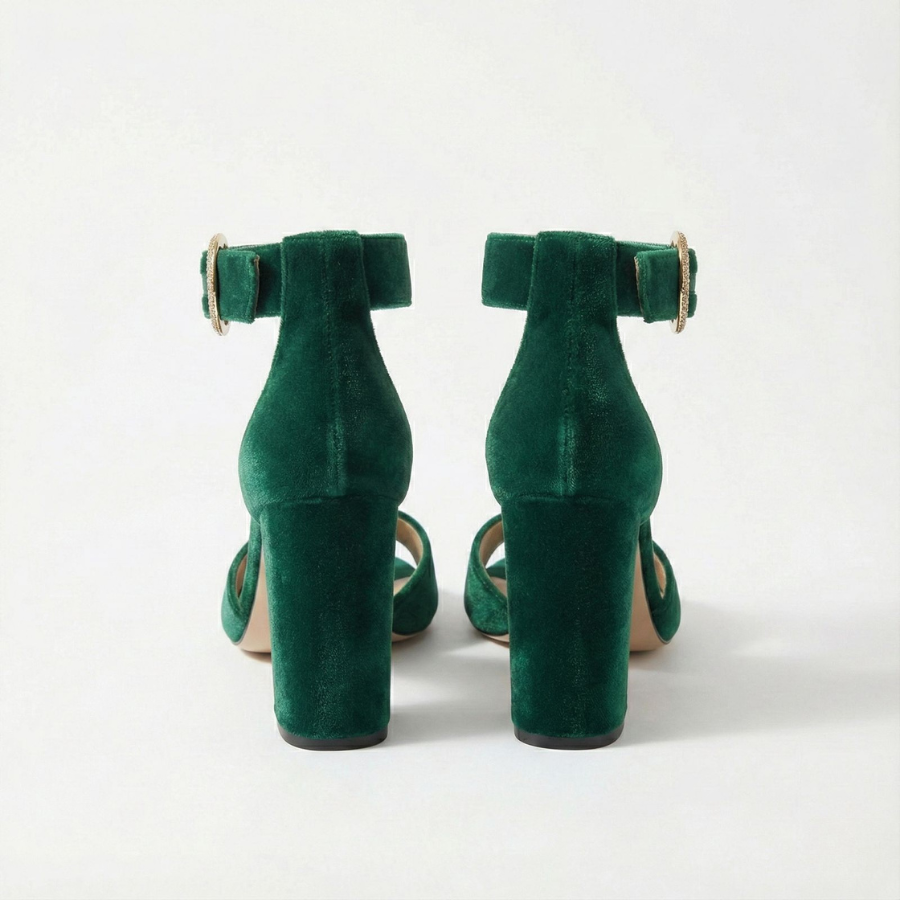 Velvet Block Heel Sandal for Women | Lea Emerald