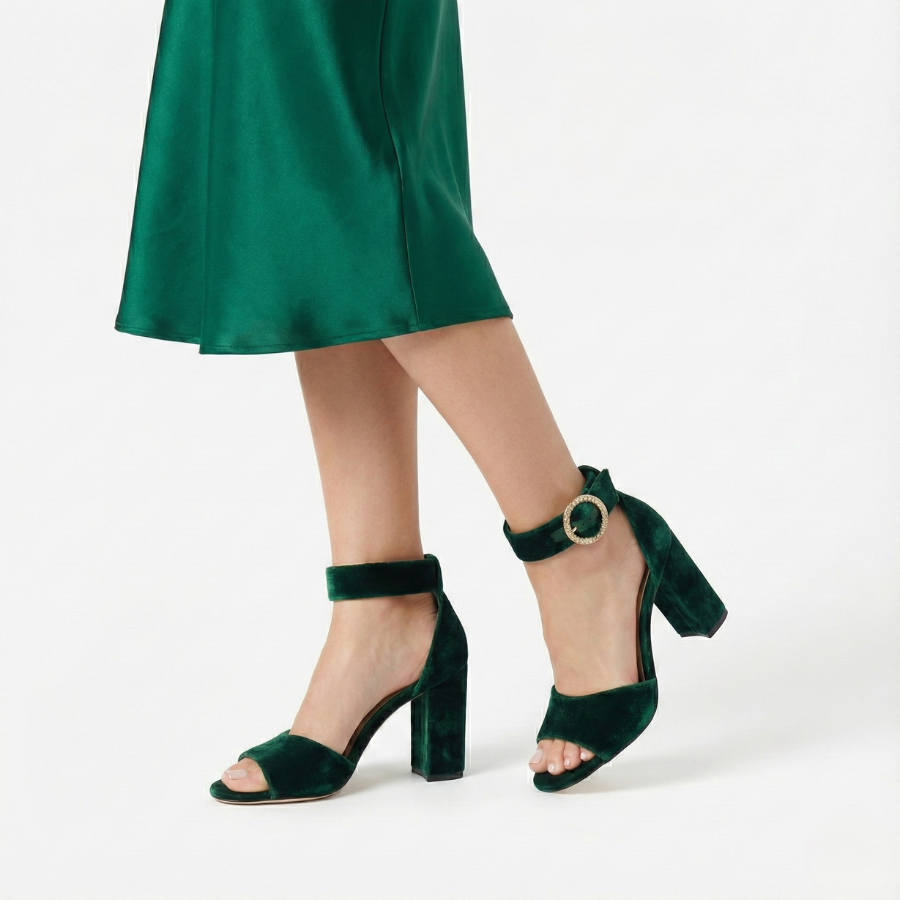 Velvet Block Heel Sandal for Women | Lea Emerald