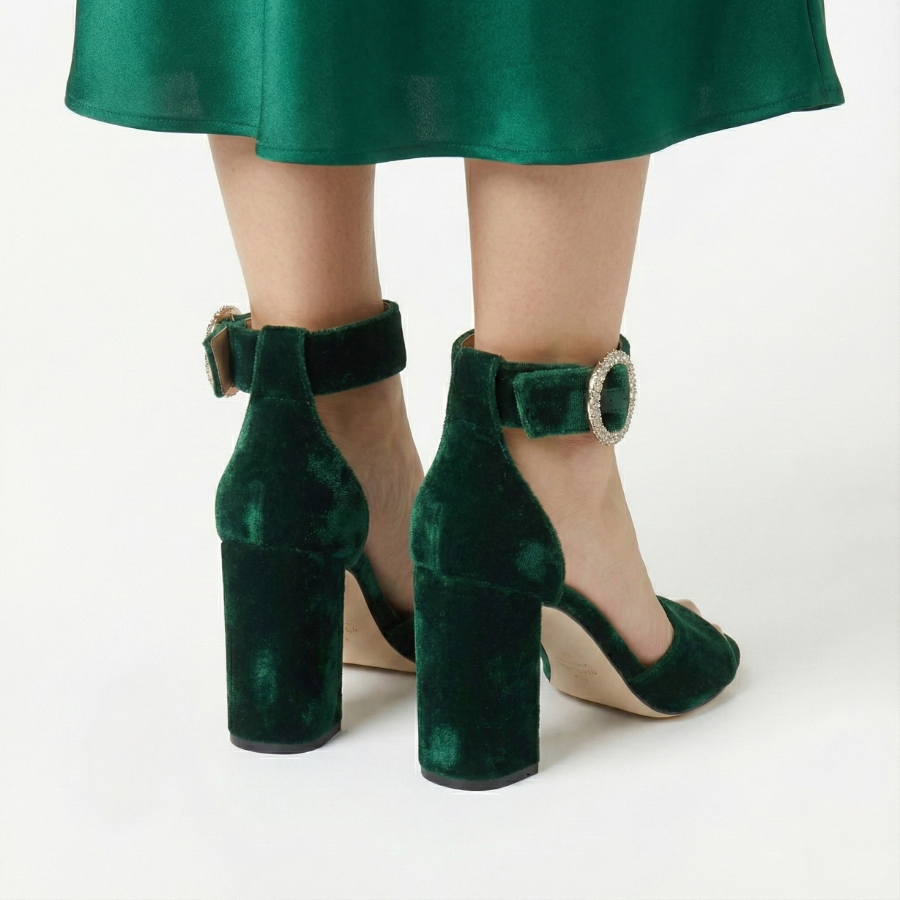 Velvet Block Heel Sandal for Women | Lea Emerald