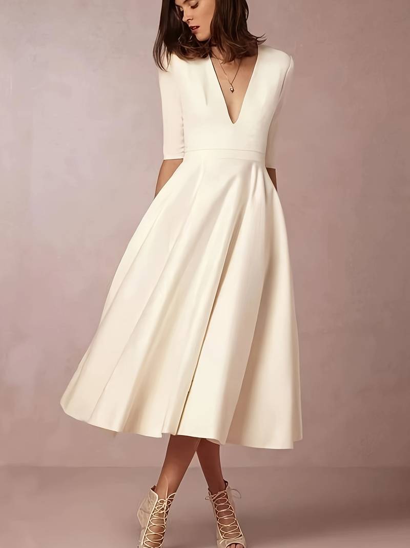 Mackenzie | Women’s Classic Flared Midi Dress With V-Neckline